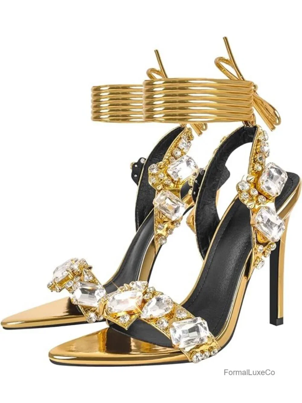 Strappy Stiletto Heels with Crystal Lace Up Open Toe High Heeled Sandals